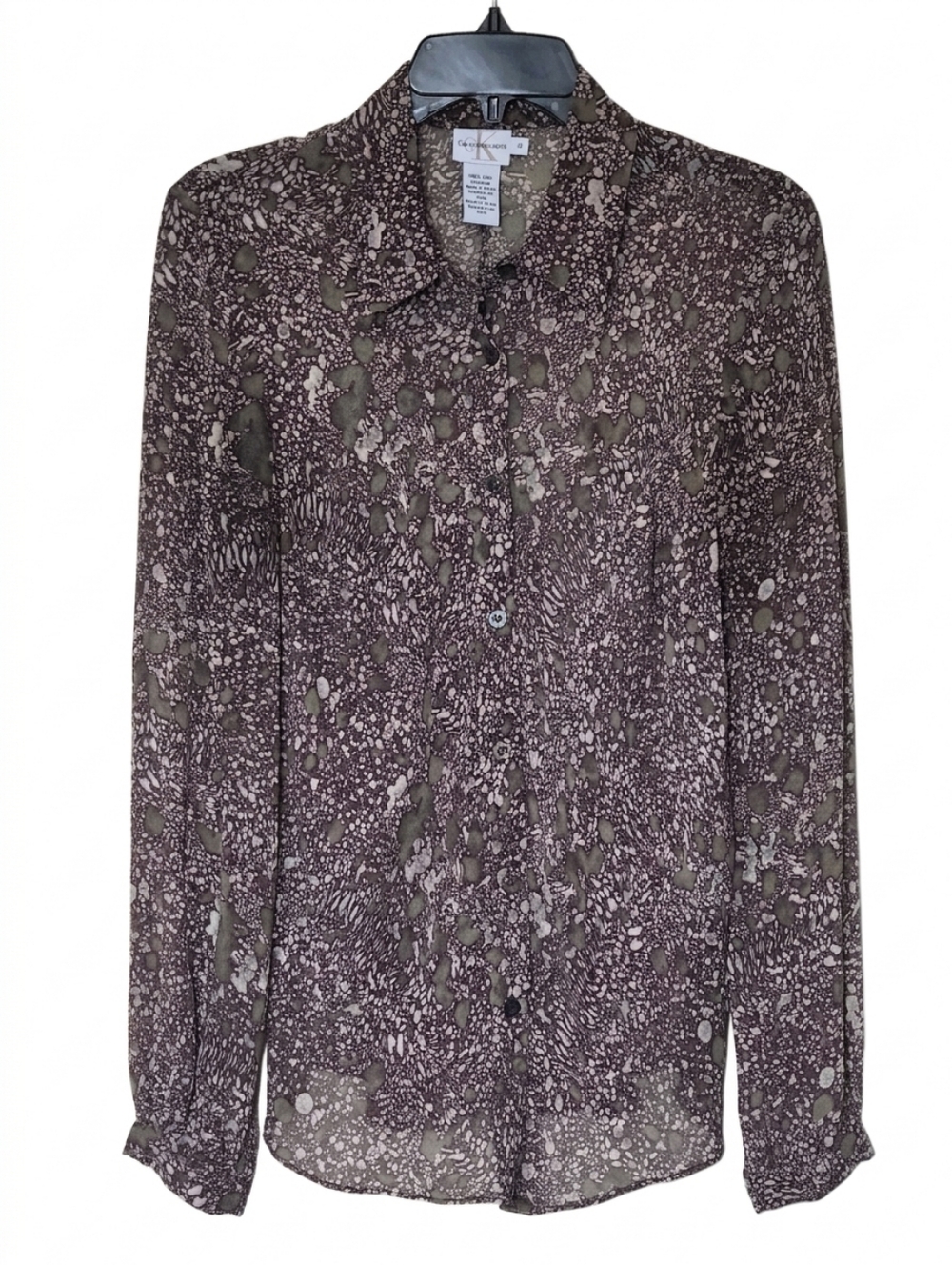 Calvin Klein 100% Silk Sheer Splatter Print Blouse 90s Grunge Indie Sleaze M